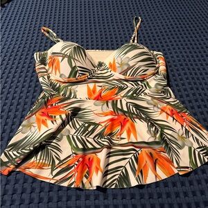 Tropical Floral Peplum Swim Tankini Top - Orange/Green